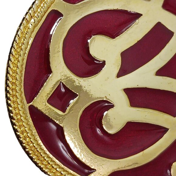 Vntg Celtic Brooch 3" RED Coat Pin Oval Metal Enamel Milgrain Accent Gold Estate - Picture 4 of 16